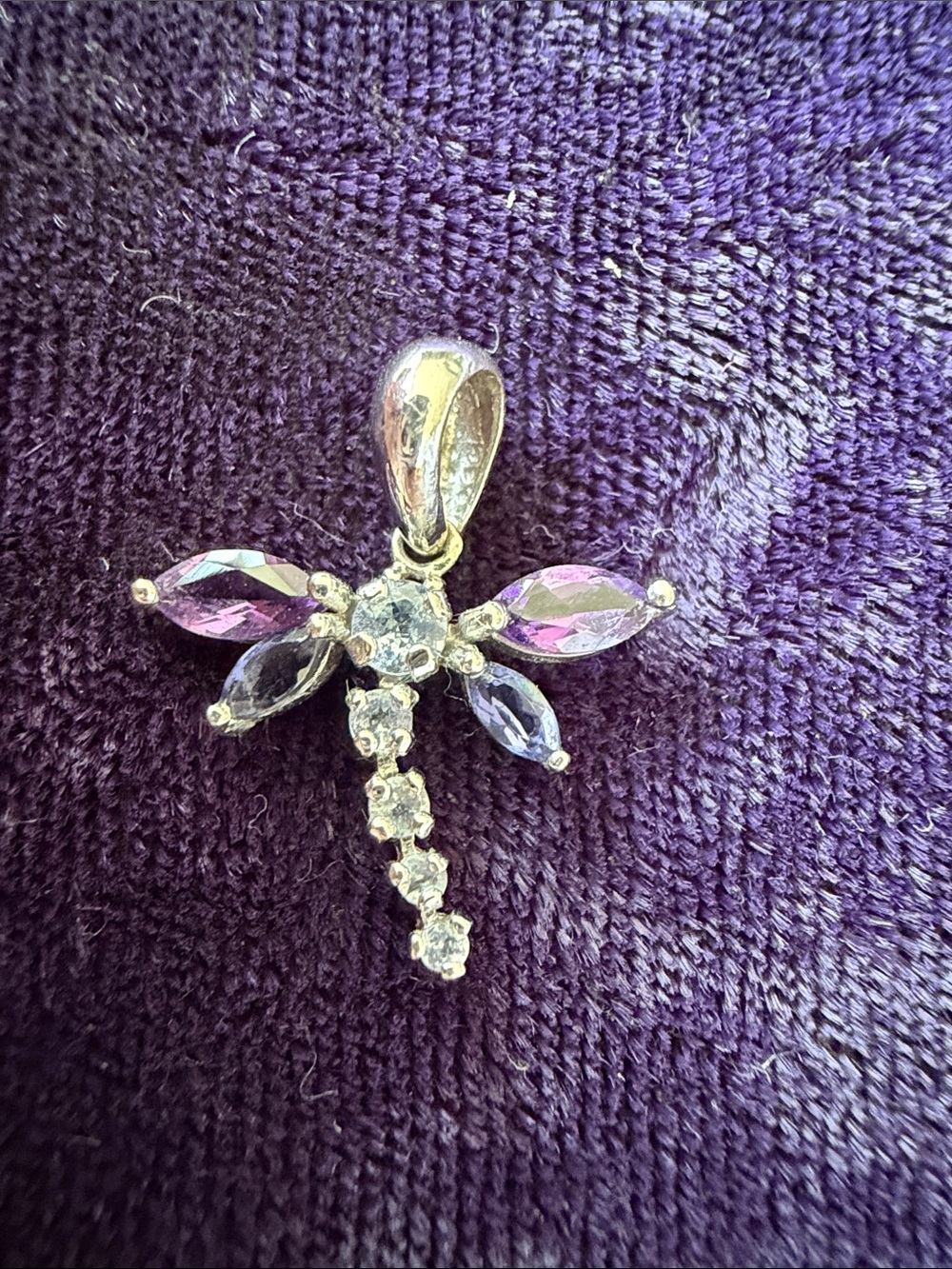 Solid 10K gold dragonfly pendant with purple blue gemstones (white gold)